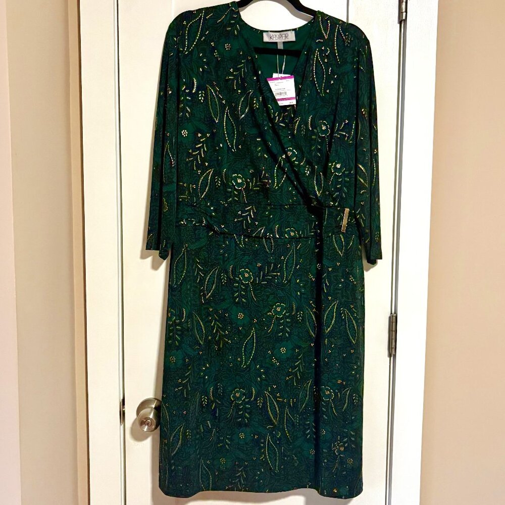 Kasper embelllished floral-print faux-wrap dress NWT green 2X